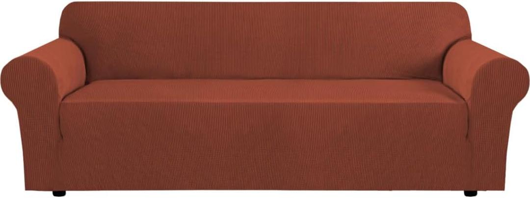 H.VERSAILTEX Stretch Couch Covers for Sofa 1 Piece Slipcovers for Couches and Sofas 3 Seater Couch Cover Feature Thick Checked Jacquard Fabric with Elastic Bottom(Large Sofa 90"-100" Wide, Rust)