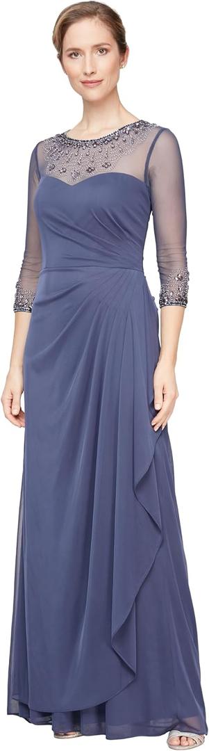 Alex Evenings Women's Long A-line Mother of The Bride Dress with Illusion Neck and Sleeves, Violet, 12P