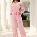 Elegant Jumpsuit for Women Dressy Sexy Lace Puff Sleeve Wide Leg Pant Suit One Piece Formal Outfits (Pink, M)