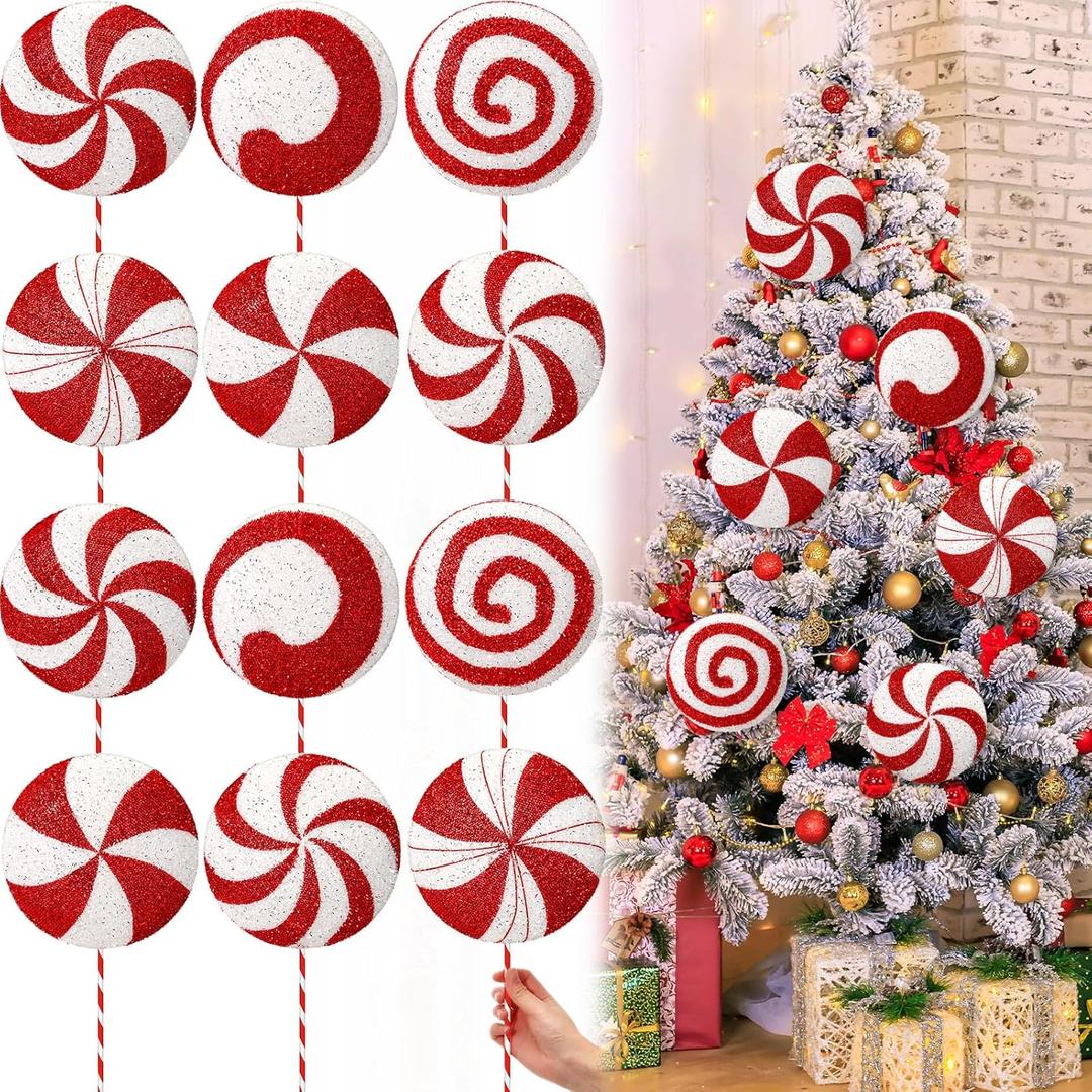 Vercraft 12 Pcs 15.75'' Large Glitter Candy Christmas Decorations Giant Lollipop Candy Decorations with Sticks Red and White Peppermint Xmas Decor for Christmas Tree Ornaments Holiday, 6 Styles