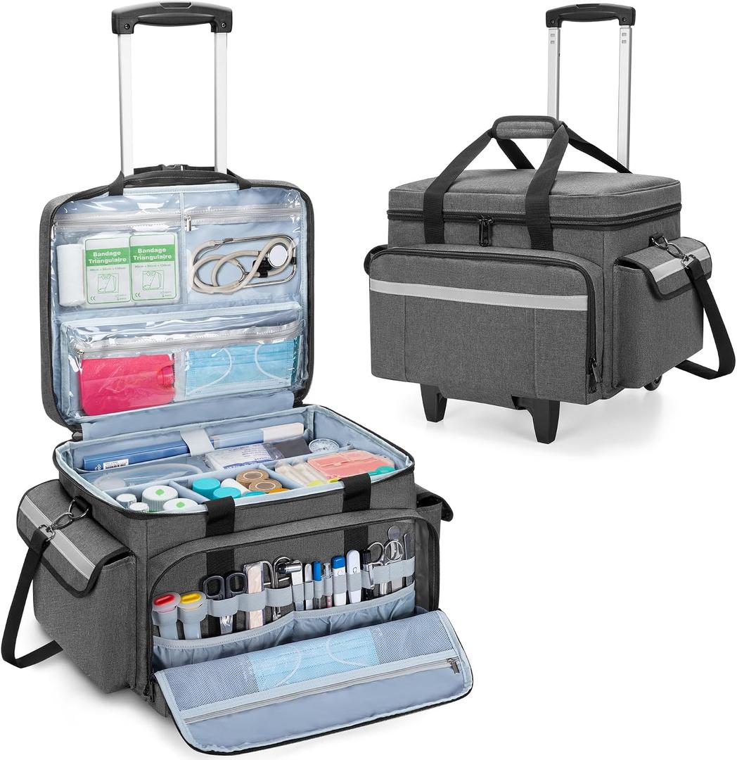 Trunab Medical Bag on Wheels with Detachable Trolley, Rolling Nurse Tote with Removable Dividers, First Responder Bag Empty with Adjustable Shoulder Strap for Nurse, Doctor