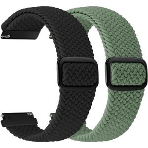 2 Pack Quick Release Braided Bands - 18mm 19mm 20mm 22mm 24mm Solo Loop Adjustable Soft Band for Women Men (Black+Dark Olive Green)