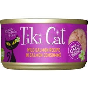 Tiki Cat Luau Shredded Meat, Wild Salmon Recipe in Salmon Consumme, Grain-Free Balanced Nutrition Wet Canned Cat Food, For All Life Stages, 2.8 oz. Can (12 Count), Best By Mar 2028