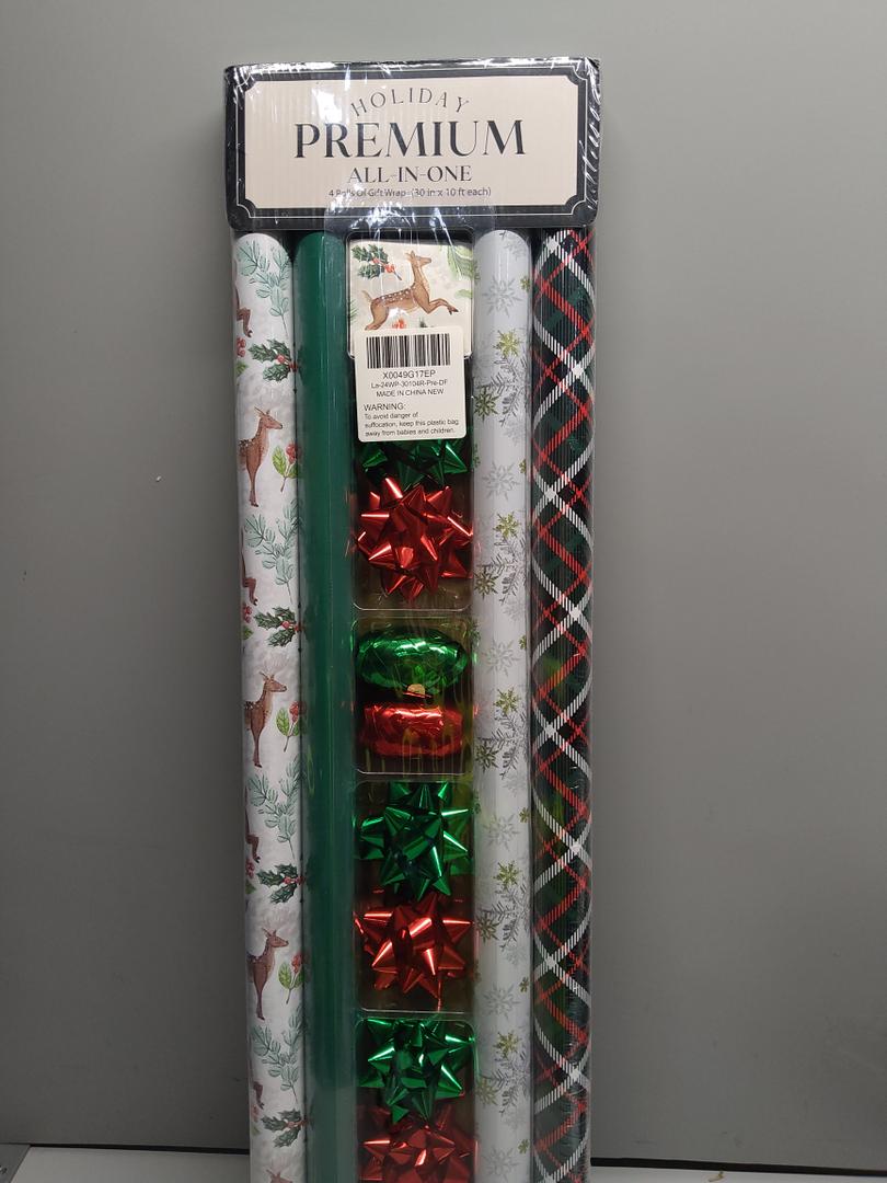 LaRibbons Christmas Wrapping Paper Set, Reindeer & Snowflake Design with Gift Bow & Ribbons & Tags, Perfect for Holiday, Party, Xmas Celebration,30 Inch X 10 Feet (4Rolls, 100 sq.ft.ttl.)