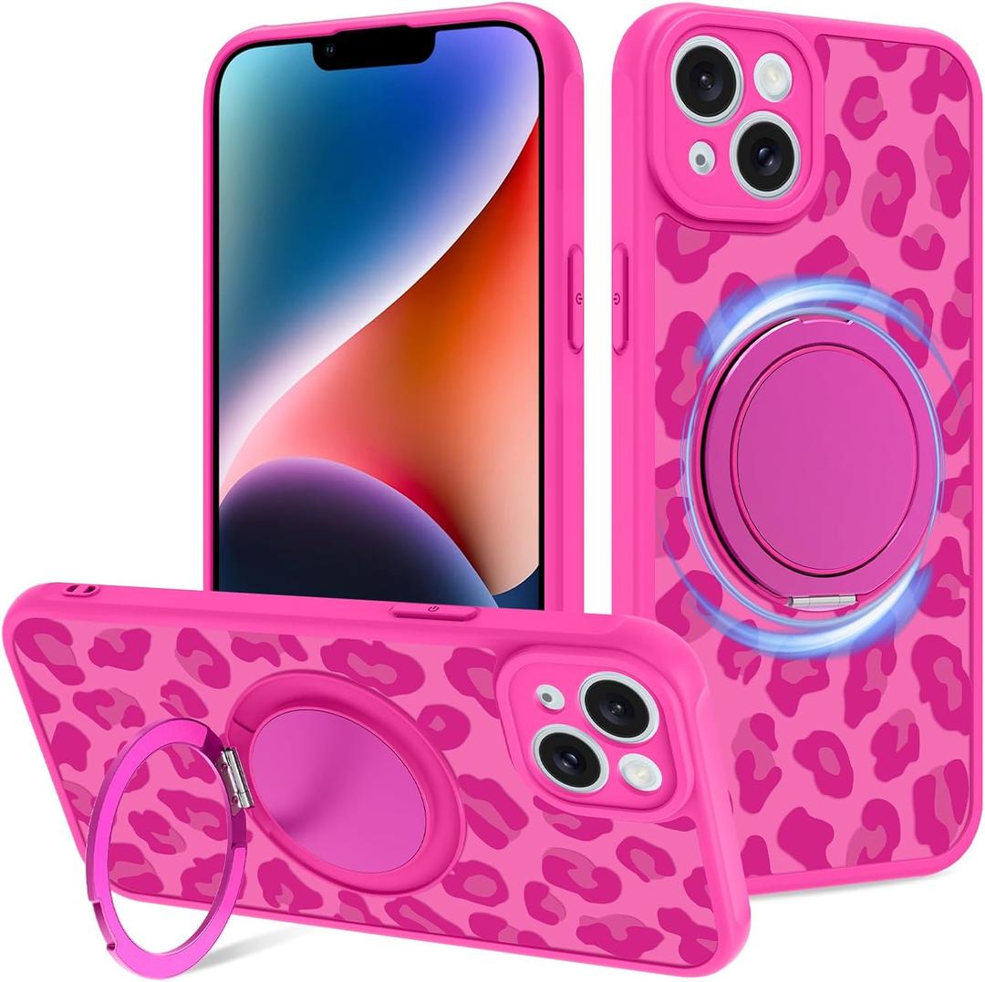 Fiyart Designed for iPhone 14 Plus Case Ring Holder Kickstand Magnetic Bumper Compatible with MagSafe Camera Lens Protection for Women Men Cheetah Print 6.7"-Rose Red