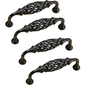4PCS Birdcage Cabinet Hardware Handle Pull, Cast Iron Antique Door Handle Metal Barn Door Handle, Center Holes Handle for Kitchen Cupboard Bedroom Wardrobe Bathroom Drawer (96Black)