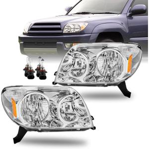 Headlight Assembly with Bulbs Compatible with 2003 2004 2005 Toyota 4Runner Headlamp Chrome Housing Replacement Pair #8117035400, 8113035420