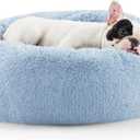 Bedsure Calming Dog Bed for Small Dogs - Donut Washable Small Pet Bed, Round Anti-Slip Fluffy Plush Faux Fur Large Cat Bed, Fits up to 25 lbs Pets, Light Blue, 23 inches