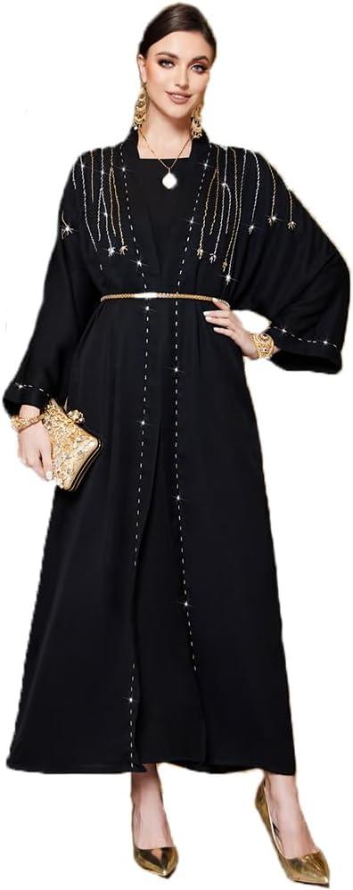 Embroidery Jalabiya Chiffon Abaya Dress for Women Dubai Sadui Muslim Eid Clothes (Small, Black3135)