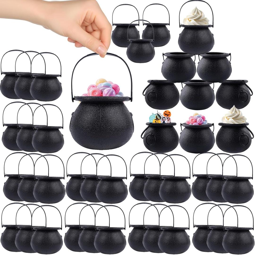 TOAPER 48 PCS Halloween Mini Cauldrons, Black Plastic Cauldron with Handle, Halloween Mini Cauldrons Party Favors, Candy Cauldron Kettles