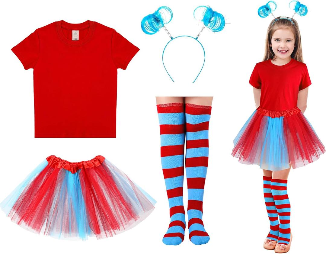 Lenwen Halloween Tulle Tutu Costume Accessories Set, T Shirt Striped Thigh High Socks Tutu Skirt for Halloween Costume (110 cm, Blue and Red Skirt)