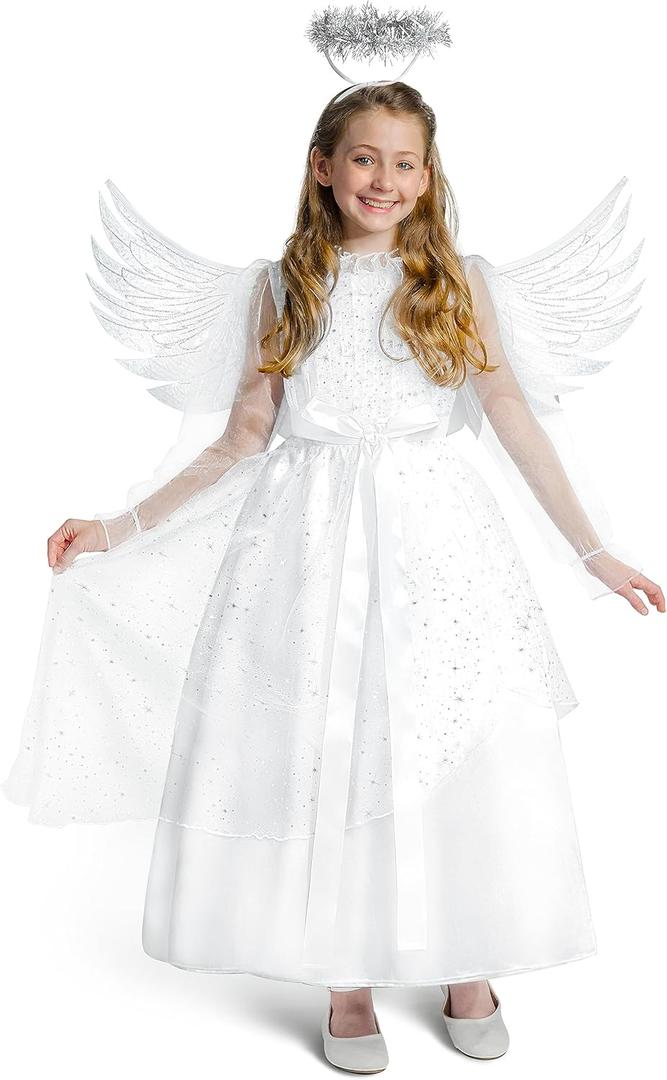 Spooktacular Creations Halloween Angel Costume Girls, Kids Princess Dress Toddlers Tulle Angel Set with Accessories (Medium(8-10 yrs), White)