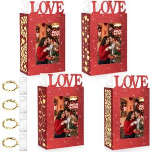 Yerliker 4 Pcs Valentine's Day Centerpiece for Table Picture Frame Decorations with 4 LED Mini Lights for Home DIY Valentine Gift Wedding Anniversary Decor No Battery(Love,Red)