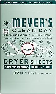 MRS. MEYER'S CLEAN DAY Dryer Sheets, Fabric Softener, Reduces Static, Infused with Essential Oils, Birchwood, 80 Count