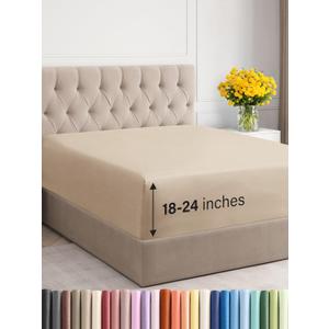 Extra Deep Cal King Fitted Sheet - Hotel Luxury Single Fitted Sheet Only - Easily Fits 18 inch to 24 inch Mattress - Ultra Soft, Wrinkle & Fade Free w/Extra Deep Pockets - Breathable & Comfy - Wheat