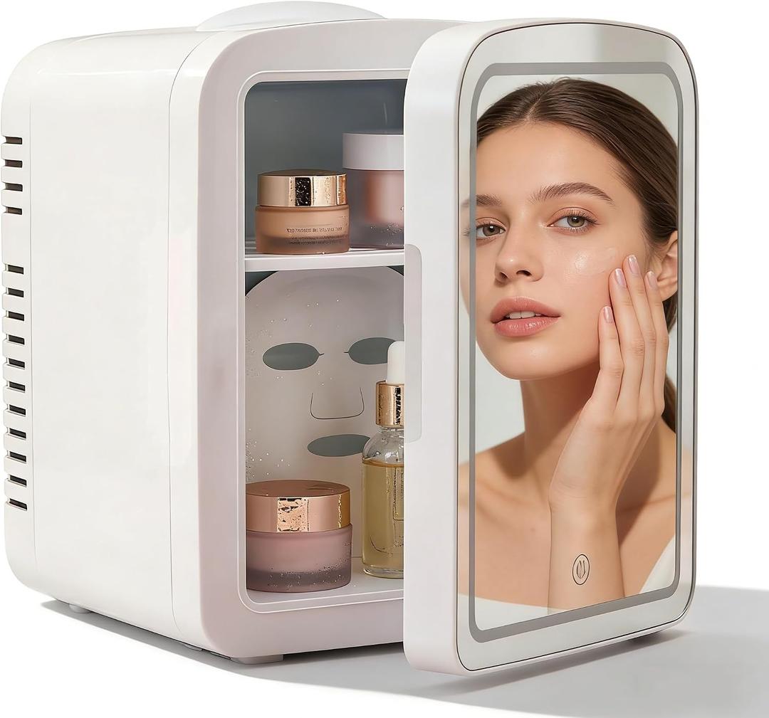 Lispin 4L Mini Skincare Fridge with Dimmable LED Mirror, Portable Beauty Refrigerator for Makeup, Cosmetic, Personal Small Refrigerator with Cooler and Warmer for Bedroom, Office and Car (White-4L-A), 21.7" mini
