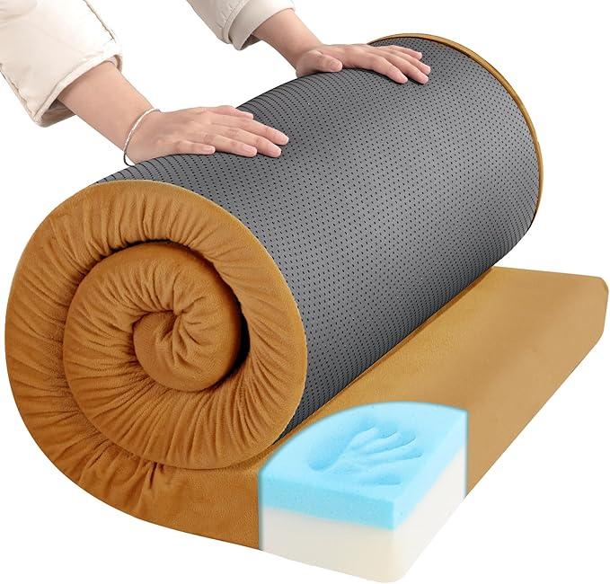 HOMBYS 3 Inch Thick Memory Foam Camping Mattress for Outdoor Sleeping, Roll Up Porable Camping Pad Mat with Knitted Cover for Travel Truck Bed Tent