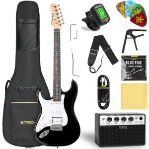 Electric Guitar Left Hand Beginner Kit, Solid Body 39" Electric Guitar HSS Pick Up for Starter, with 5W x 2 Amp, Bag, Digital Tuner, Capo, Strap, String,Cable, Picks, SST-S20L Black