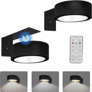 2-Pack Picture Light for Paintings Battery Operated Art Light with Remotes,3 Lighting Display Light,Magnetic Dimmable and Timer Wall Light for Picture Artworking Frame Portrait,LED Puck Lights-Black
