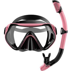 Snorkeling Gear for Adults, Dry-Top Snorkel Set Scuba Diving mask (Pink)