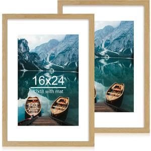 Hongkee 16x24 Frame Set of 2, Natural Oak Wood Style - Display 16 x 24 Picture without Mat or 12x18 Picture with Mat, Wall Mounting Horizontal and Vertical