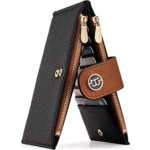 BOSTANTEN Leather Wallets for Women RFID Blocking Slim Bofild Purse Card Holder with Zipper Pocket (Medium, 1-Black+Brown)