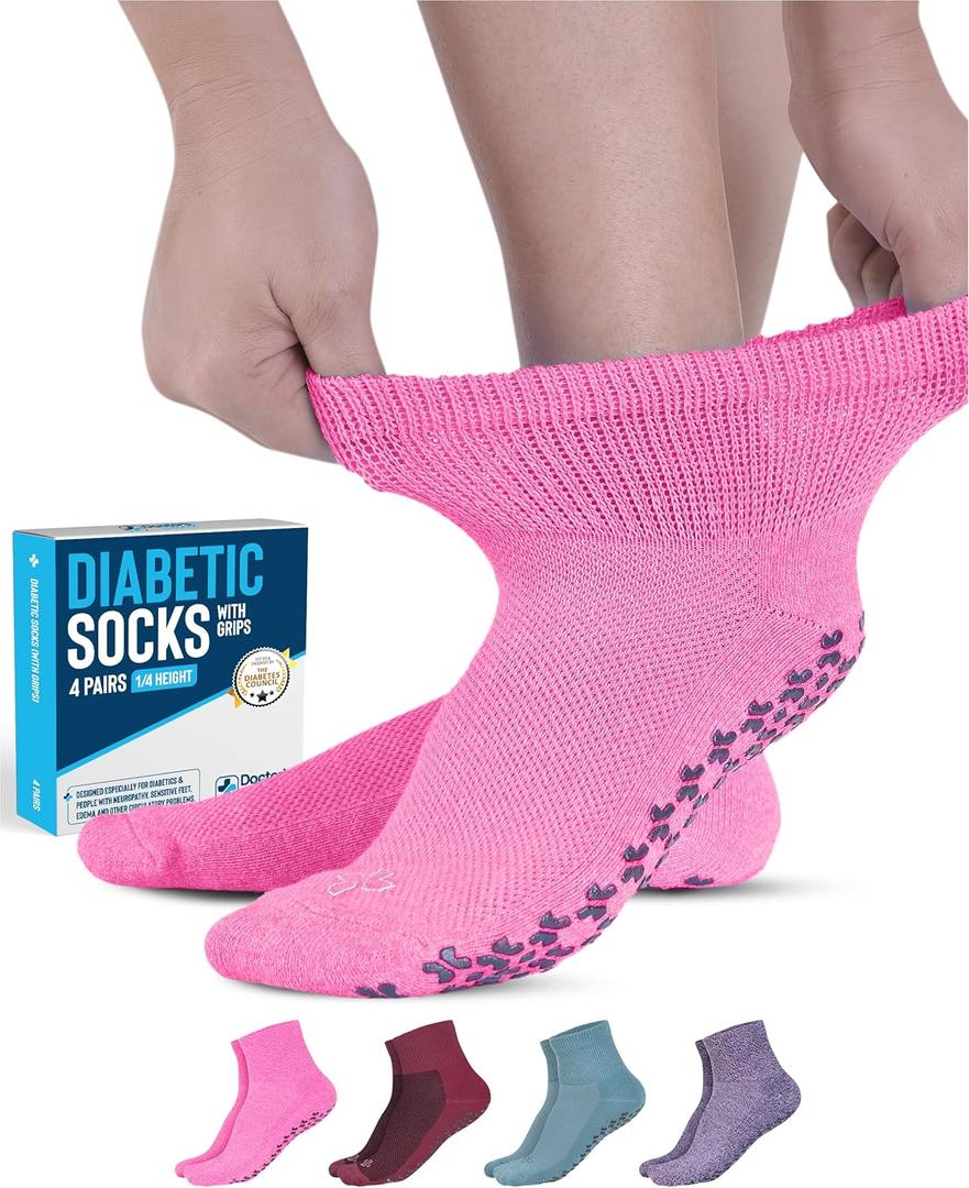 Doctor's Select Diabetic Ankle Socks with Grippers for Men and Women - 4 Pair 1/4 Length Neuropathy Socks for Women (Large)