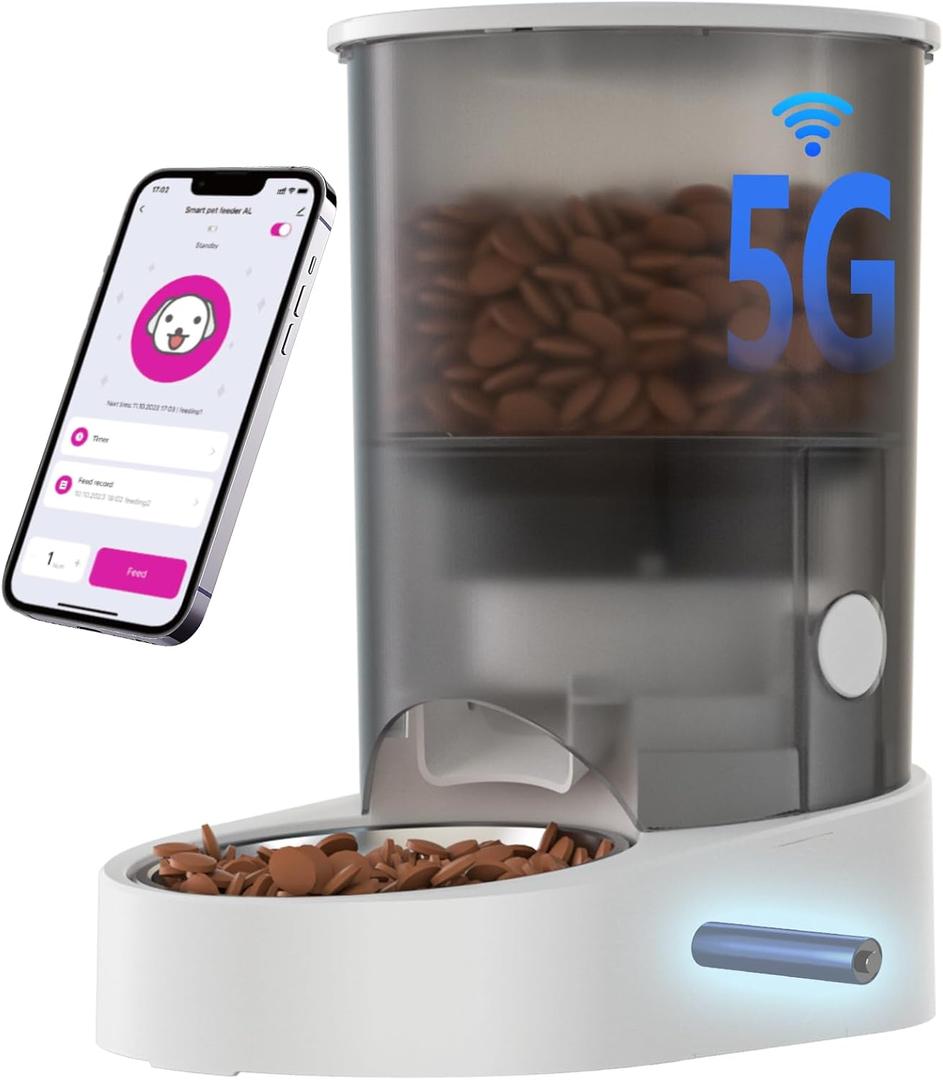 PAPIFEED Automatic Cat Feeder, 4L Auto Dog Cat Feeder with Rechargeable Battery & Dual-Band WiFi (2.4G & 5G), Automatic Pet Food Dispenser for Outdoor Travel Home (White)