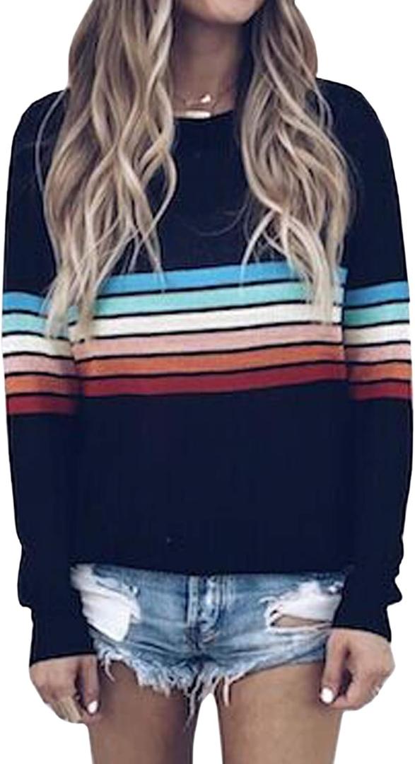 ECOWISH Women's Sweater Rainbow Colorful Striped Sweaters Long Sleeve Crew Neck Color Block Casual Pullover Blouse Tops (Large, 01 Black)