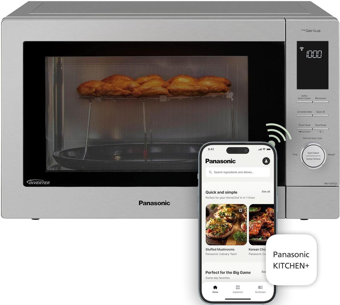Panasonic HomeChef 4-in-1 Countertop Microwave Air Fryer Combo, Time-Saving 20 Presets + App-Linked Recipes, 1000W 1.2 cu ft Inverter Multi Oven & Convection Tech – NN-CV87QS Stainless Steel