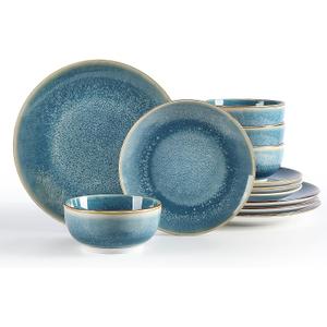 Sweejar Dinnerware Sets Service for 4, 12 pcs Porcelain Plates and Bowls for Kitchen, Housewaring Gift, Chip and Scratch Resistant Dish Set, Handmade Dishwasher and Microwave Safe Plate Set, Blue