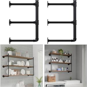 Industrial Pipe Shelf Brackets Wall Mount, Open Black Pipe Shelving for Kitchen,Floating Shelf Brackets Mount,Open Bookshelf Brackets for Shelves,Wall Shelves 12 Inch Deep,(2 Pcs/3Tier,32" Tall)