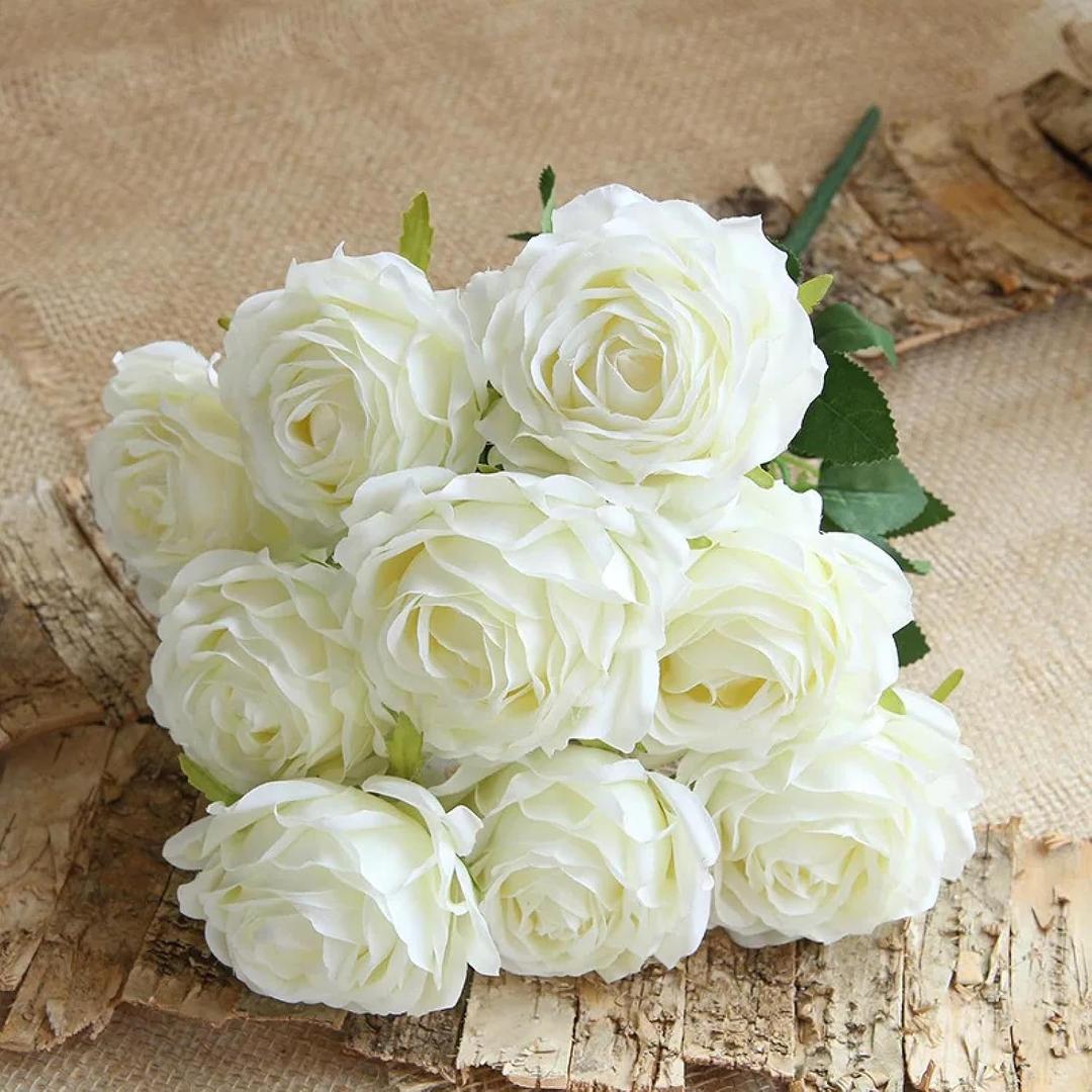 Artificial Yellow Rose Bouquet Silk Fake Flowers for Wedding Bridal Engagement Decor Valentine's Day Home(White)