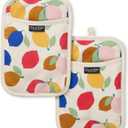 SUR LA TABLE Kitchen Essentials Lemon Zest Citrus Fruit Potholder 2-Pack Set, Heat Resistant, 100% Cotton, Flexible Non-Slip Silicone Grip,Yellow/Blue/Ivory, 7"x10"