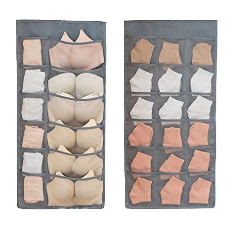 Newraturner Closet Hanging Organizer with Mesh Pockets & Rotating Metal Hanger,Dual Sided Wall Shelf Wardrobe Storage Bags,Oxford Cloth Space Saver Bag for Bra Underwear Underpants Socks (gray)