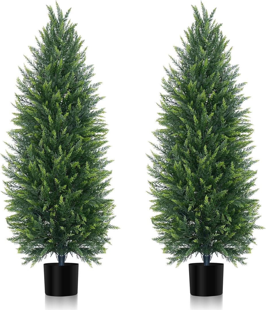 5FT Artificial Cedar Topiary Tree, Set of 2 Faux Evergreen Pine Shrubs Plants with Pot, Realistic Fake Plants for Outdoors Indoors Front Porch Christmas Decor