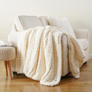 Battilo Cream Chunky Knit Throw Blanket for Couch, Super Soft Chenille Throw Blanket Cozy Warm Thick Ivory White Cable Knitted Blanket for Sofa, Bed, Living Room, 50"x60"