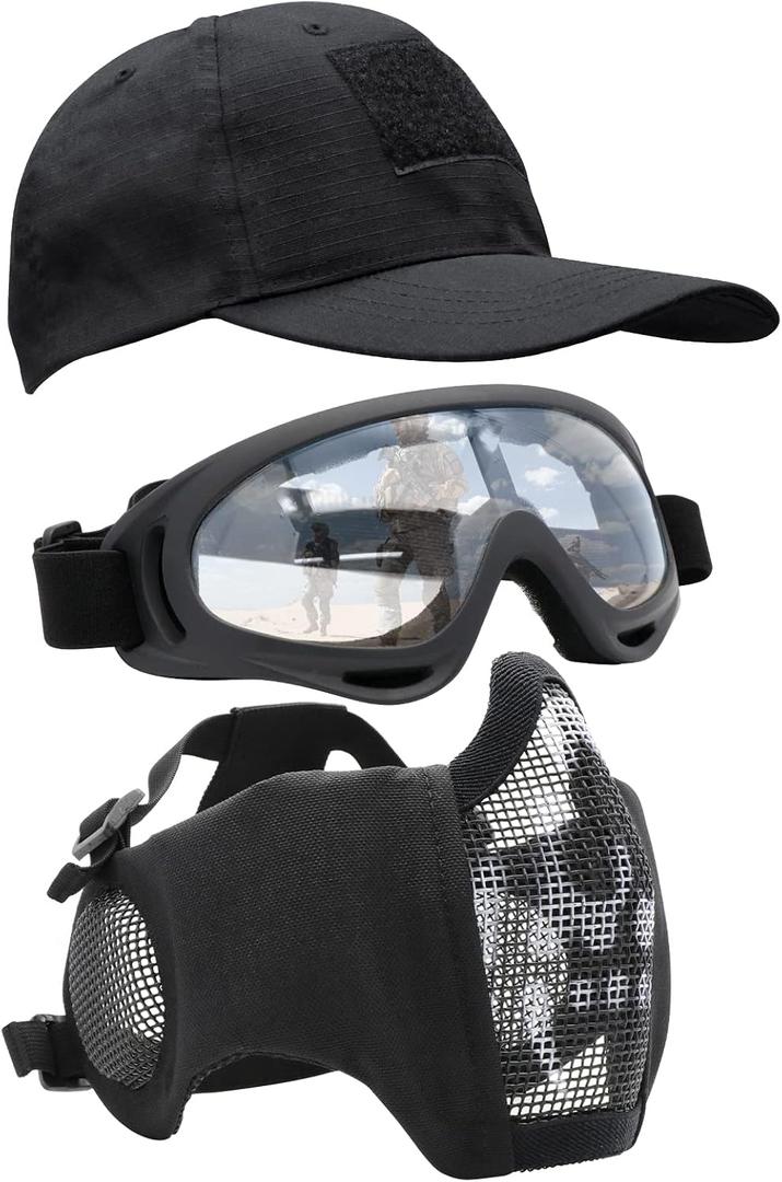 Airsoft Mask with Goggles, Foldable Half Face Airsoft Mesh Mask with Ear Protection for Paintball Shooting Cosplay CS Game