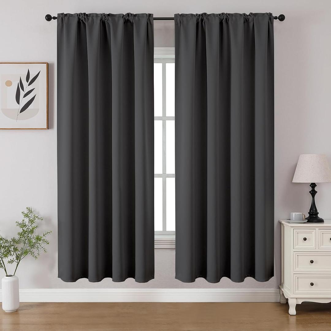 CUCRAF Dark Grey Blackout Curtains 63 inch Length 2 Panels Set, Rod Pocket Room Darkening Drapes for Bedroom Living Room, Insulated Thermal Light Blocking Window Curtain (W52 x L63 Inch)