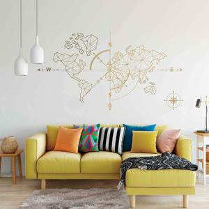World Map Compass Earth Wall Sticker Office Classroom Travel Global Exploration Adventure Decals YT2189 (Gold)