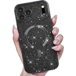for iPhone 17 Pro Max Case Glitter Compatible with Magsafe, Girly Cute Sparkly Magnetic Mag Safe Pretty Phone Case for Women, Bedazzled Bling Sparkle Slim Bright Silicone Rubber Jelly, Black