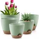 QRRICA Plant Pots 10/9/8/7.5/7 Inch Self Watering Pots, Set of 5 Plastic Planters with Drainage Holes and Saucers,Plastic Flower Pots,Nursery Planting Pot for Indoor Out Door PlantsGreen