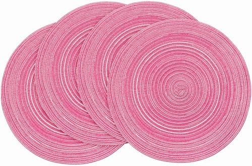 Floroom 15 Inch Round Braided Placemats Set of 4, Washable Heat Resistant Cotton Polyester Circle Place Mats for Kitchen Dining Table - Berry Pink