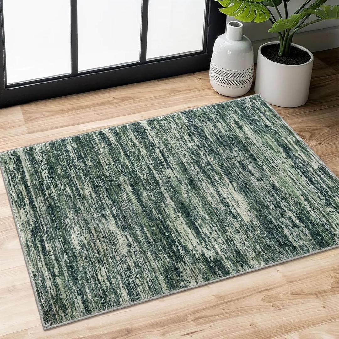 SIILOOM 2x3 Modern Abstract Rug for Entryway, Dark Green Super Soft Small Area Rug, Washable Non-Slip Kitchen Rugs, Low-Pile Mat for Kitchen, Bedside, Indoor Door Mat