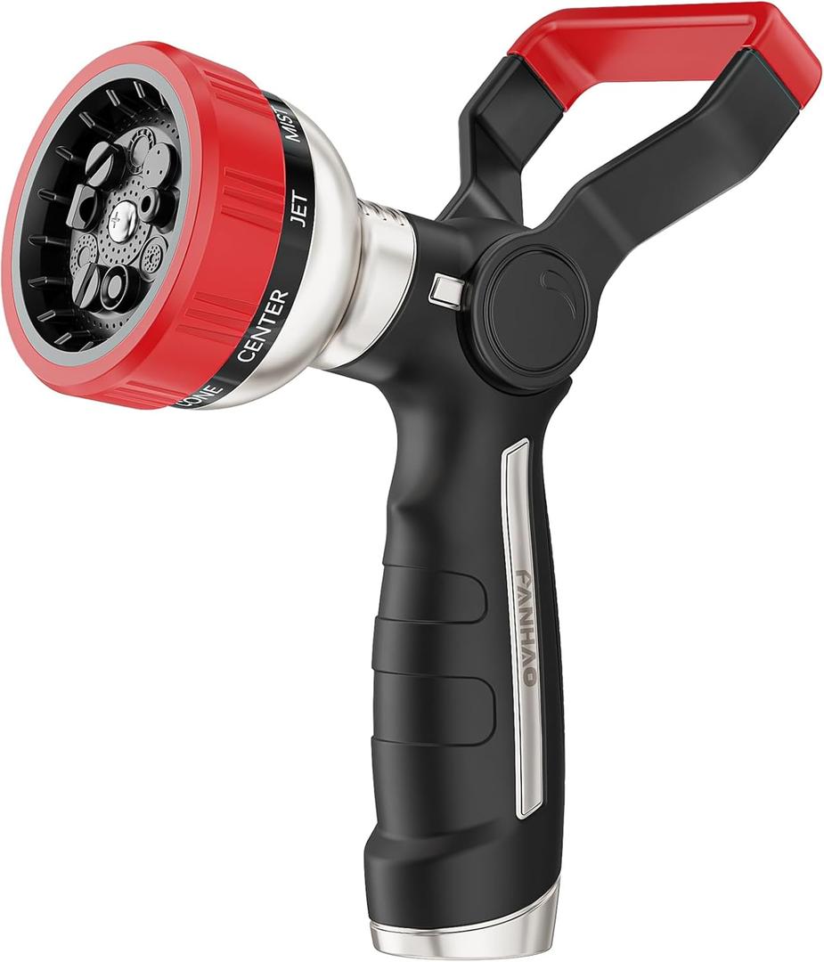 FANHAO Fireman Style Garden Hose Nozzle, Heavy Duty All-Metal Fire Water Nozzle with 9 Spray Patterns, High Power Hose Sprayer Nozzle with Lever Control for Car Washing, Garden & Pets Showering