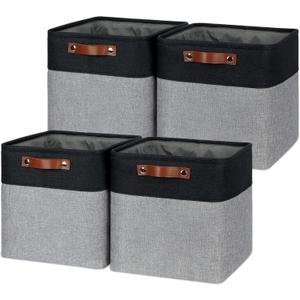 Temary Storage Baskets 12x12 Fabric Cube Storage Bins, 4 Pack Large Baskets with Handles, Baskets for Organizing Towels, Blankets, Collapsible Storage Basket (Black&Gray) (121212)