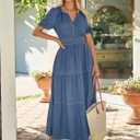 Simplee Womens Summer Denim Dress Casual Short Sleeve V Neck Empire Waist Boho Flowy Western Jean Maxi Dresses with Pockets (S)