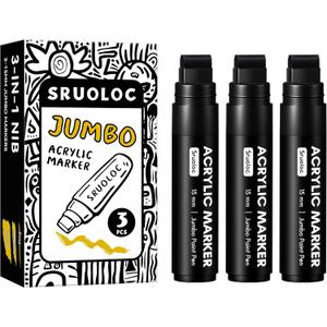 3 Jumbo Permanent Markers Black, 15mm Thick Wide Tip, Large Acrylic Paint Markers for Rock Painting, Poster, Stone, Ceramic, Glass, Wood, Canvas