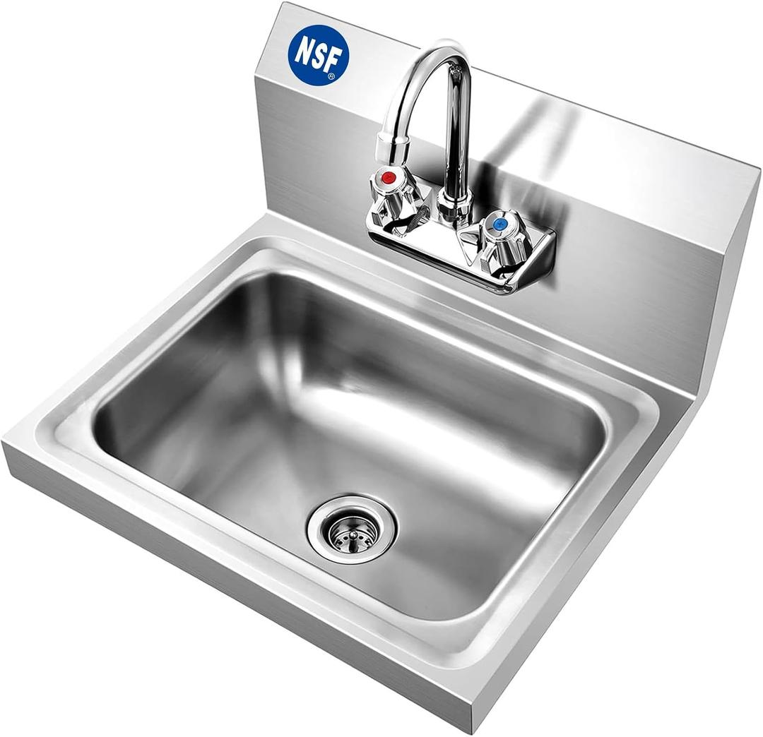 COOLCHEF Commercial Sink, Stainless Steel Wall Mounted Hand Basin, 17" x 15" Sink Bowl with Faucet for Restaurants, Kitchen, Bars and Home