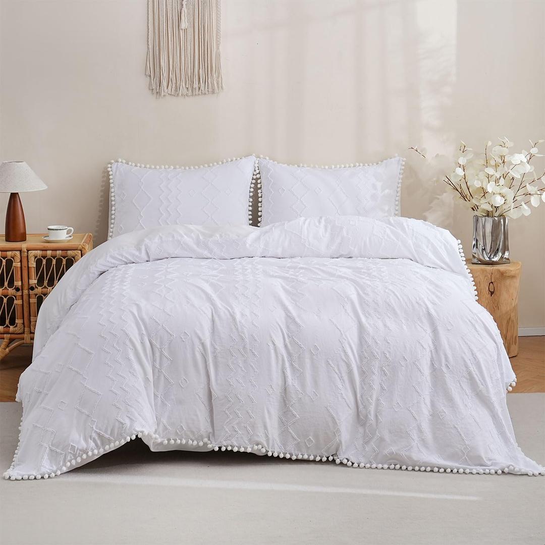 Boho Duvet Cover Queen, Tufted 3-Piece White Pom Pom Fringe Bedding Set with Zipper, Boho Bedding Queen, Includes 1 (90"x90") Duvet Cover and 2 Pillowcases